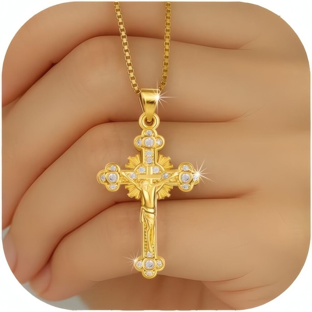 14K Gold Plated Cubic Zirconia Faith Cross Pendant Necklace for Women 0.8 Inch